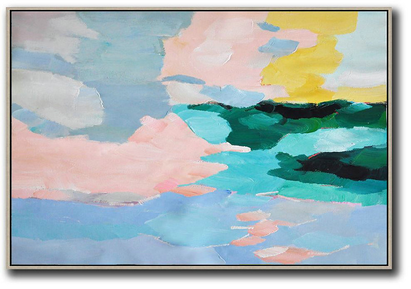 Oversized Horizontal Contemporary Art,Acrylic Painting On Canvas,Pinl,Blue,Green,Yellow